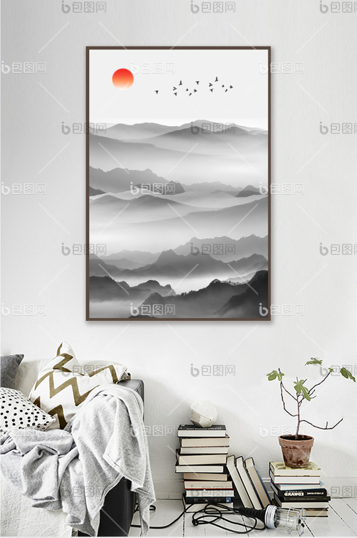 新中式水墨山水风景装饰画-新中式水墨山水风景装饰画效果图-【包图网】