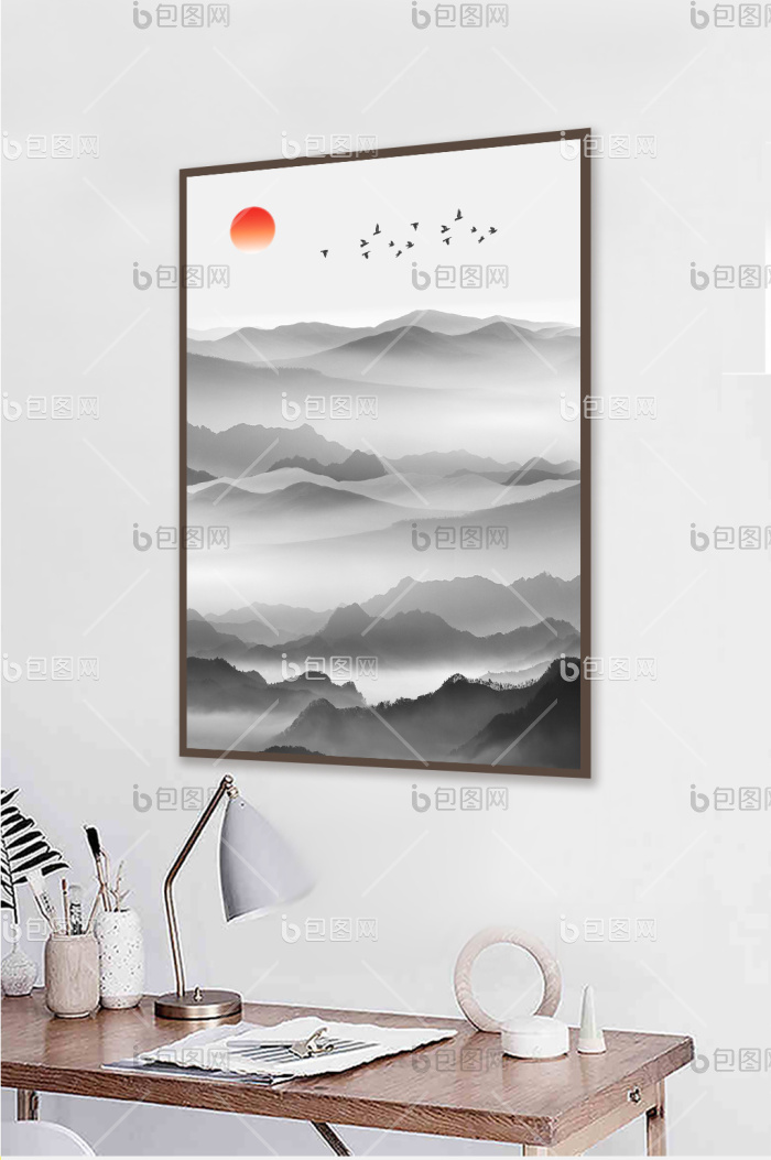 新中式水墨山水风景装饰画-新中式水墨山水风景装饰画效果图-【包图网】