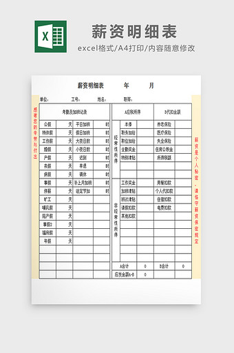 薪资明细表excel模板图片