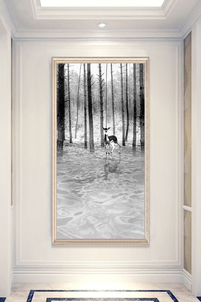现代玄关画黑白森林麋鹿玄关装饰画图片