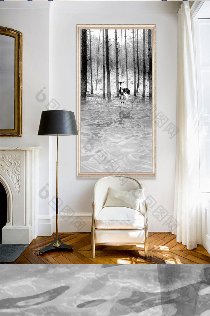 现代玄关画黑白森林麋鹿玄关装饰画