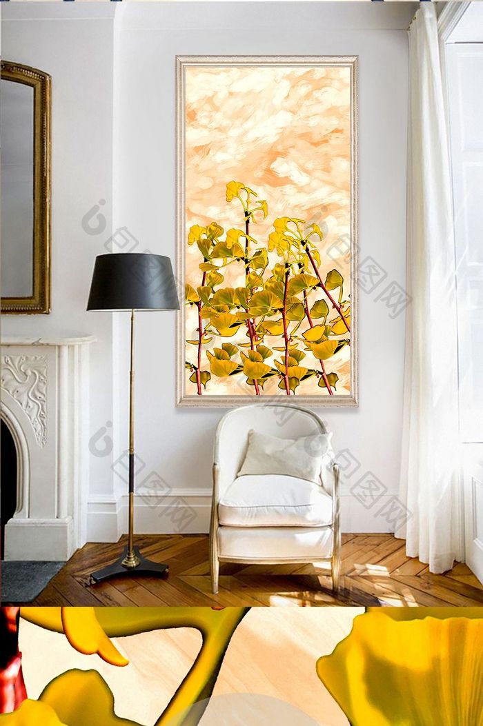 现代简约3D立金树叶玄关画植物走廊装饰画