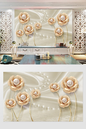 3d素雅珠宝花朵珍珠背景墙图片