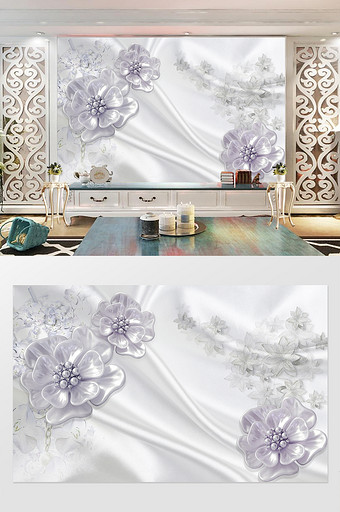 紫色清雅3d立体珠宝花朵背景墙图片