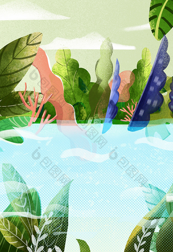 手绘卡通池塘植物叶子插画