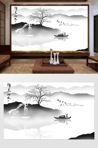 中式禅意山水电视背景墙图片