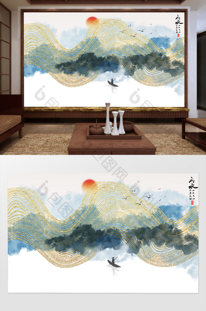 新中式山水画金色抽象线条背景墙