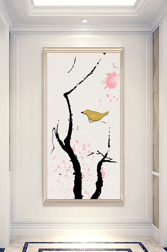 新中式水墨风手绘树枝立体金色小鸟玄关装饰图片