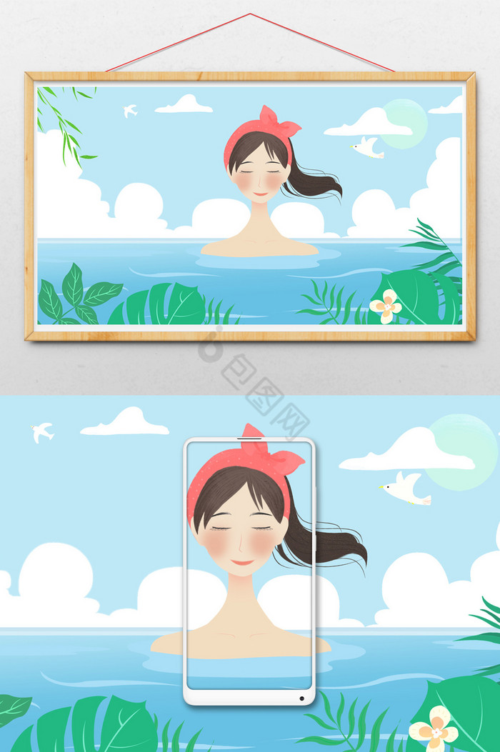 风女孩泳池游泳插画图片