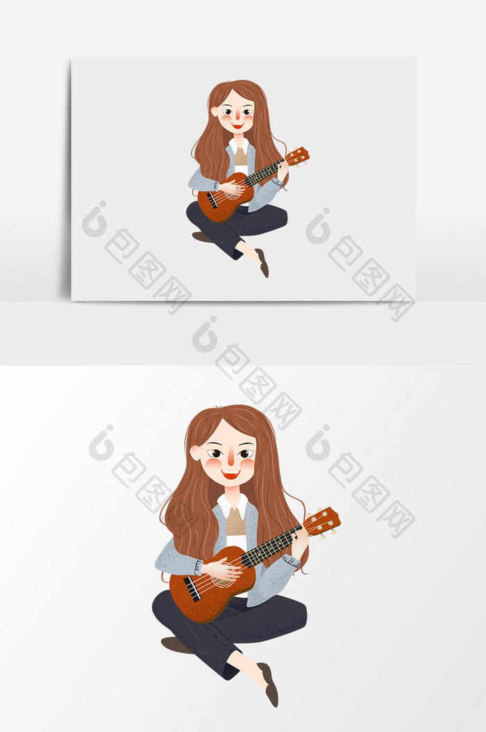手绘卡通弹吉他的少女