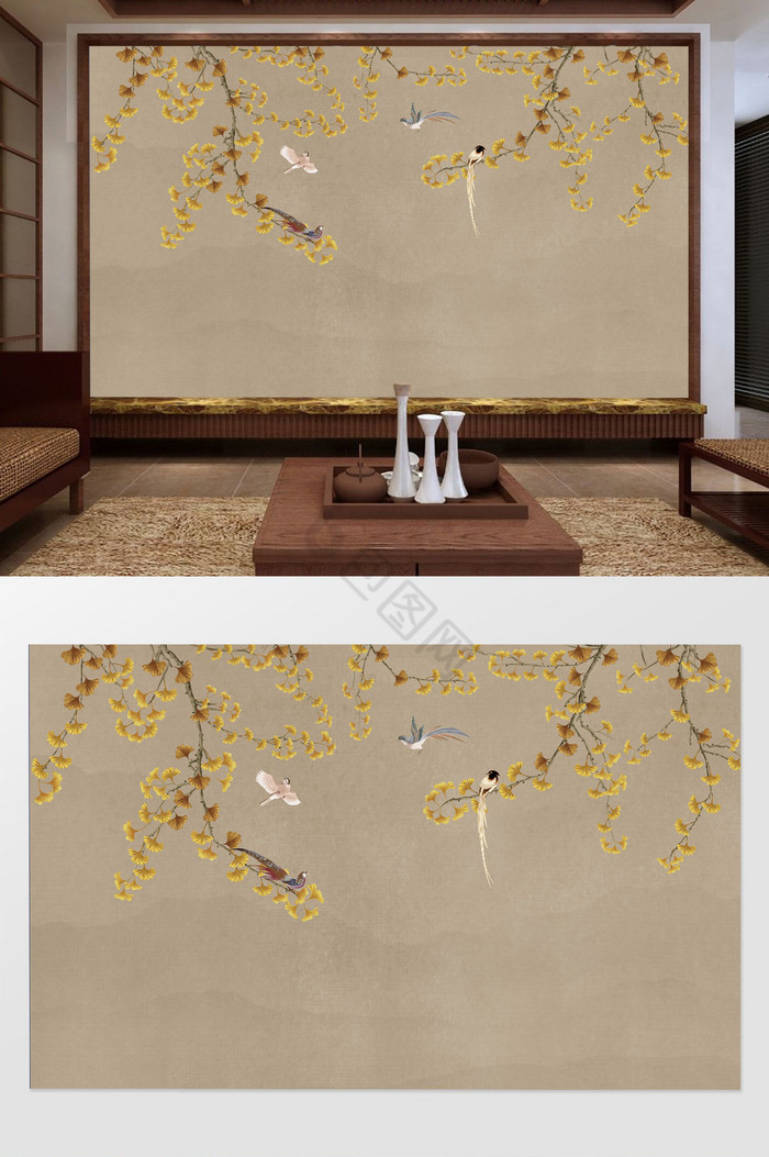 中式枫叶花鸟电视机背景墙图片