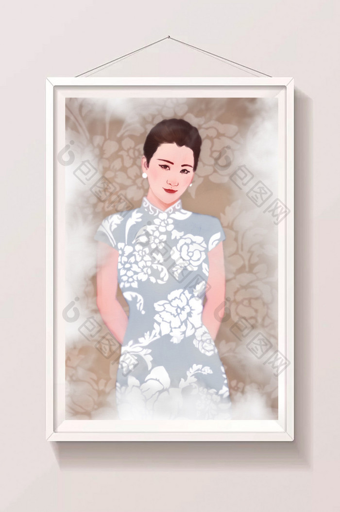 蓝色唯美民国旗袍美女插画