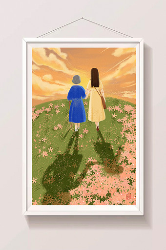 暖橘清新唯美母亲节母女夕阳散步插画图片下载