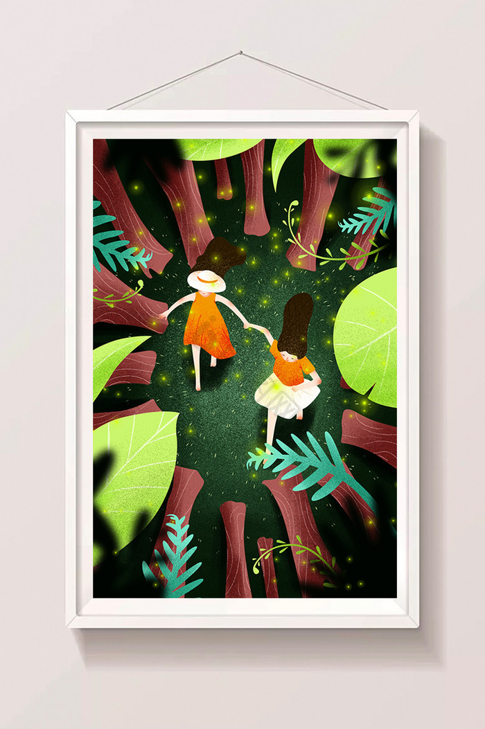 夏至夏季盛夏树林中穿梭的女孩插画图片