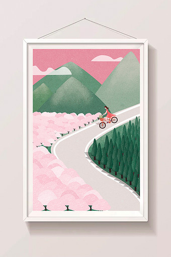 粉色清新唯美户外骑车放松运动插画图片