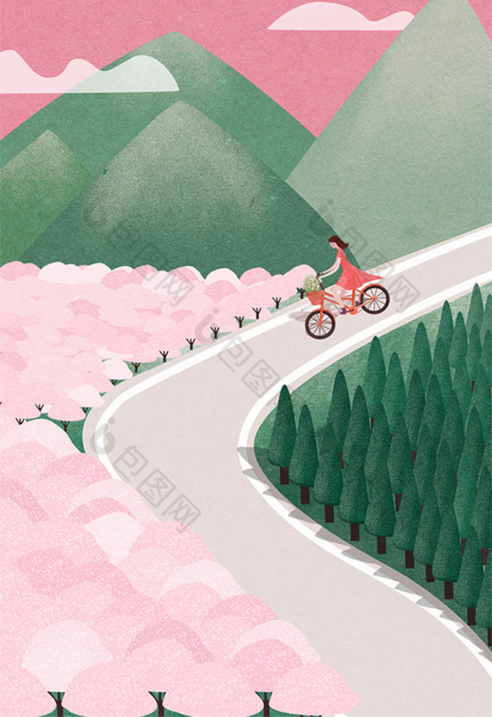 粉色清新唯美户外骑车放松运动插画