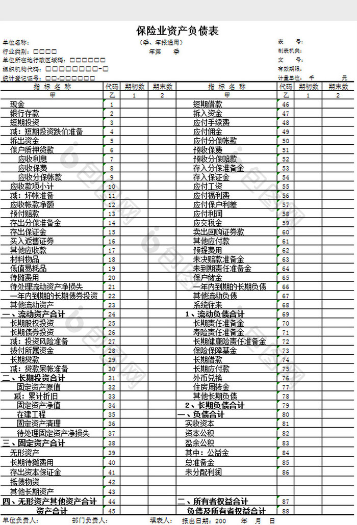 保险业资产负债表excel模板