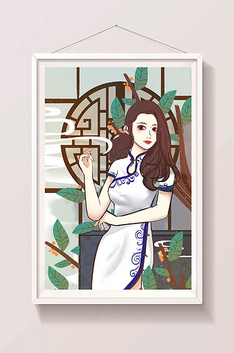 原创创意民国旗袍女性唯美商品首页设计插画图片
