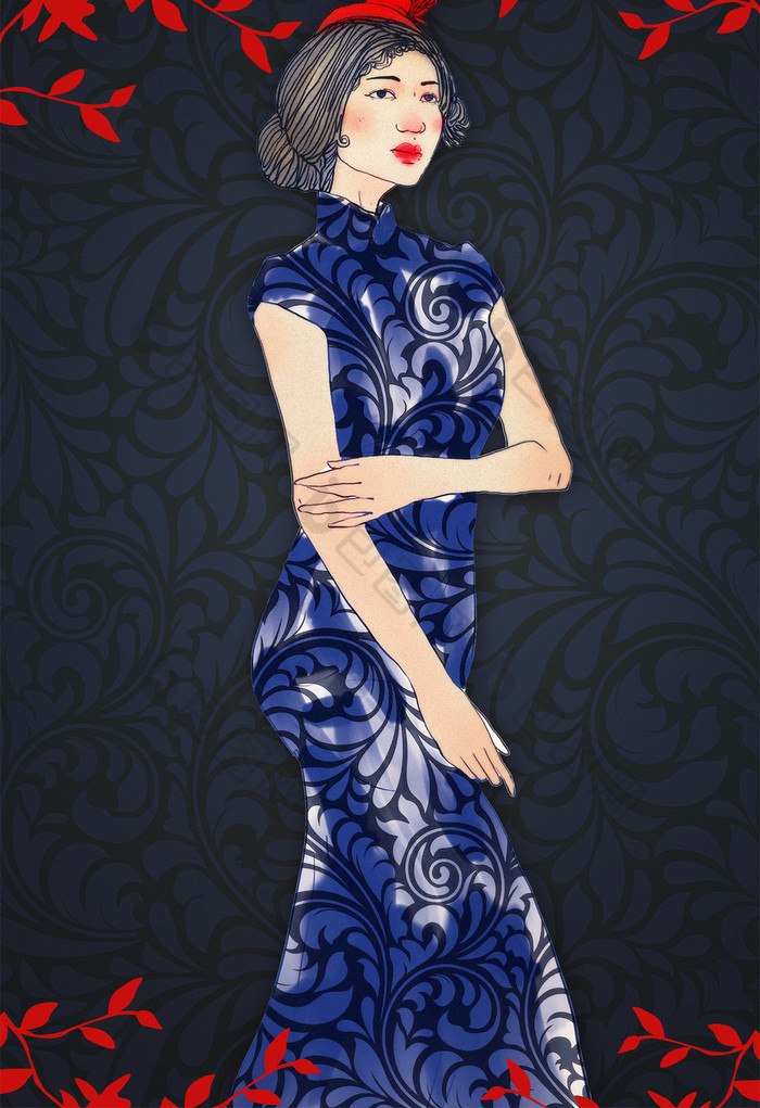 蓝色装饰民国旗袍美女插画