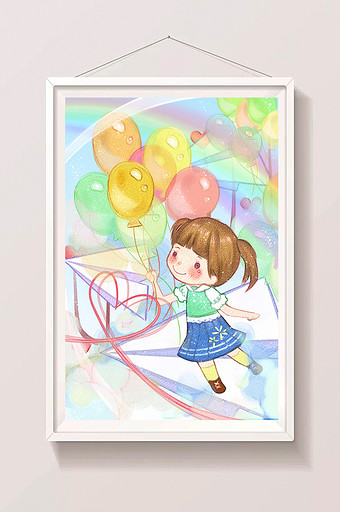 唯美清新可爱卡通水彩手绘气球女孩儿童插画图片