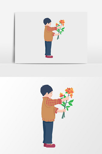 手绘卡通可爱拿花的男孩图片
