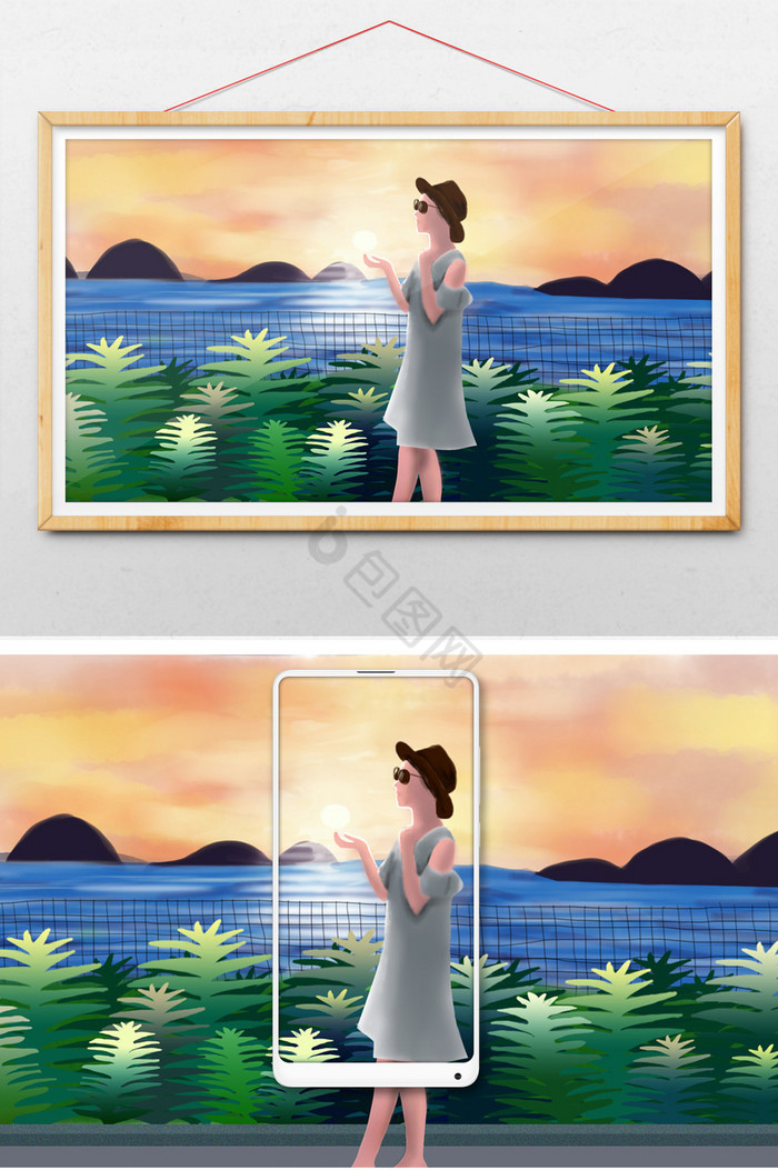 夏季海边夕阳美女旅行梦幻插画图片