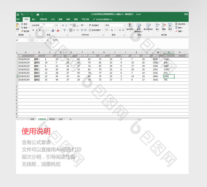 灰白实用淘宝运营数据周报Excel模版