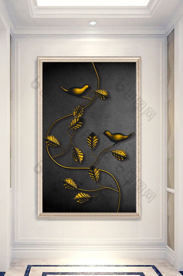 现代简约3D立体金色树枝小鸟玄关装饰画