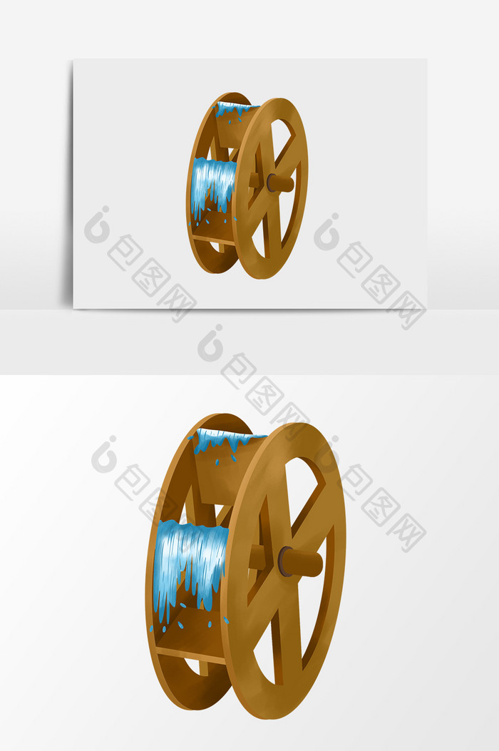 手绘卡通木质水车素材