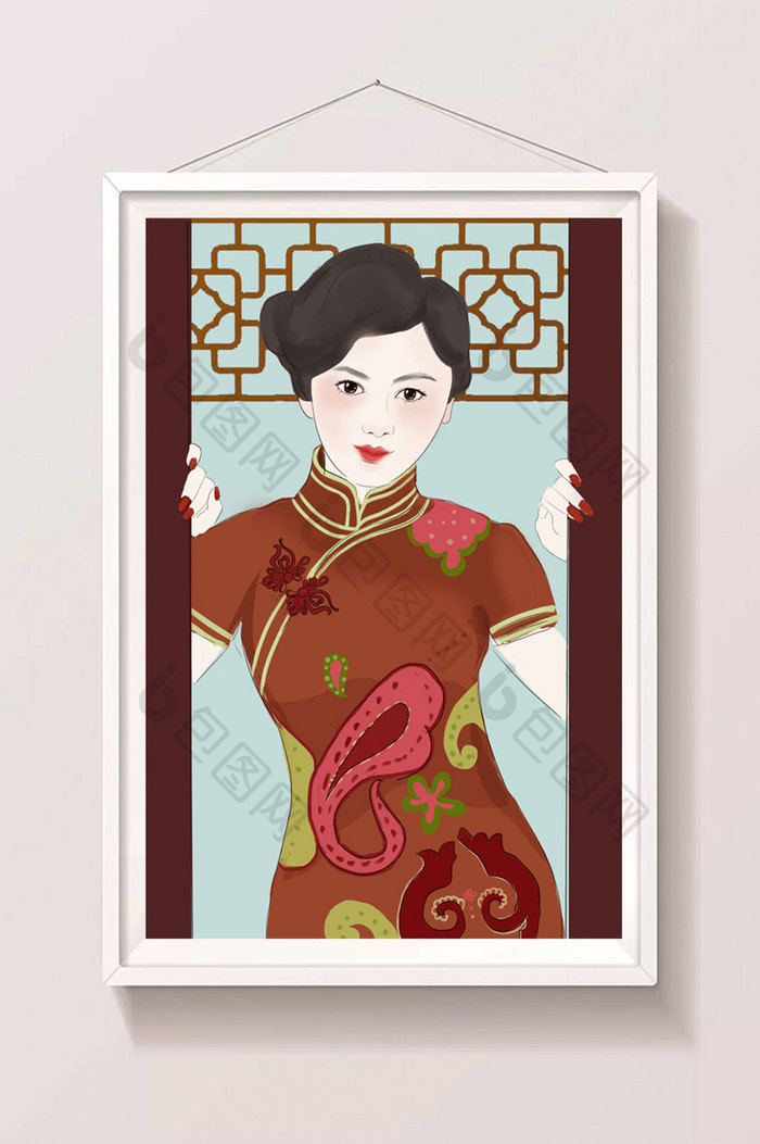棕色中国风旗袍女人插画