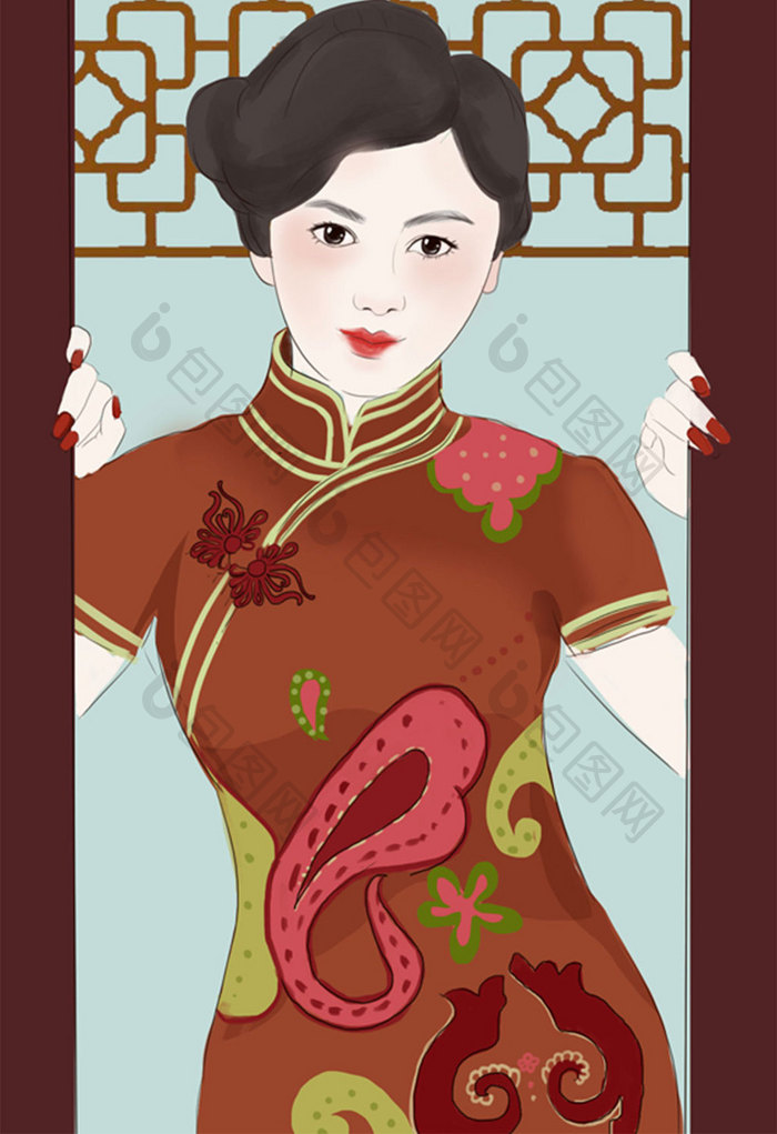 棕色中国风旗袍女人插画