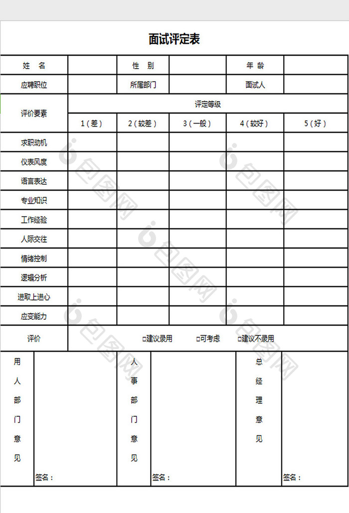 面试评定表excel模板