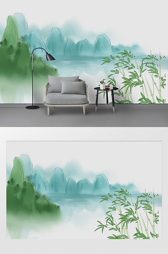 新中式线条抽象山水意境电视背景墙图片