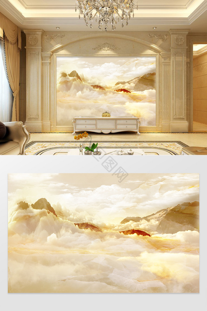 高清3D大理石纹山水花日出背景墙真山真水图片