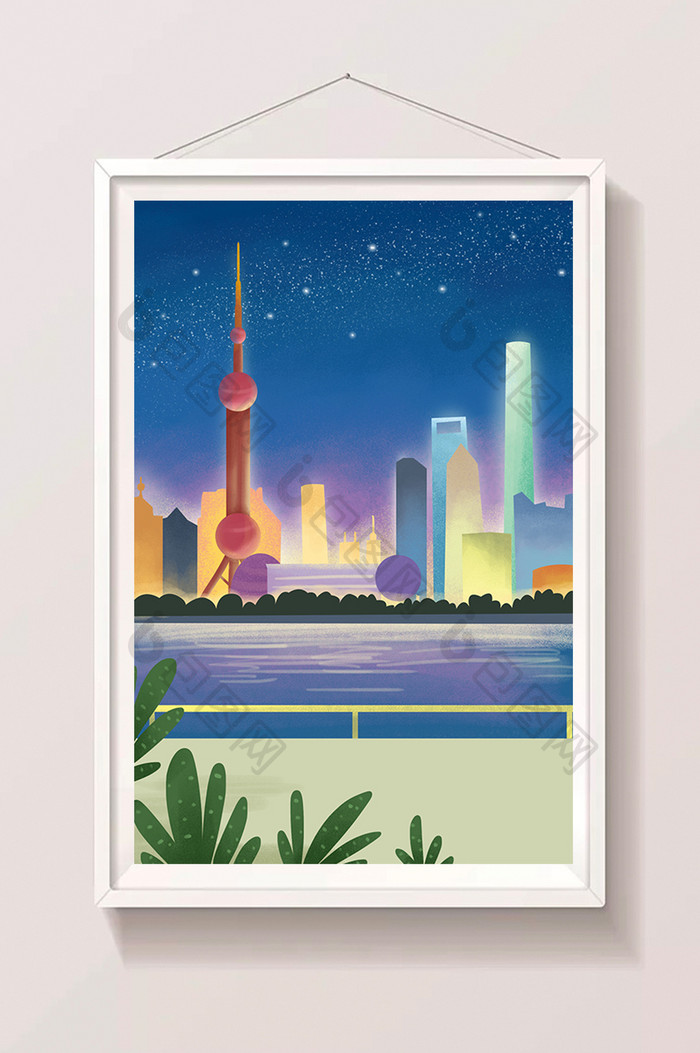手绘卡通上海城市夜景插画