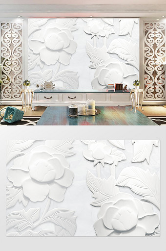 3D立体浮雕牡丹花背景墙装饰画图片
