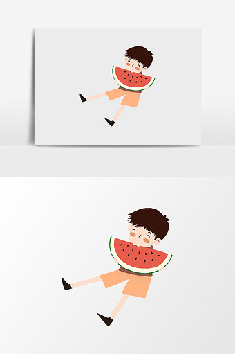 手绘卡通吃西瓜的男孩图片
