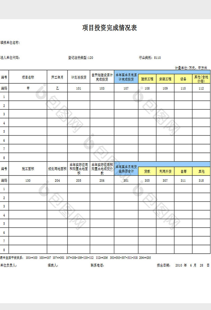 项目投资完成情况表excel模板