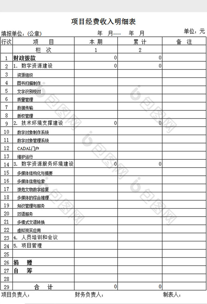 项目经费收入明细表excel模板