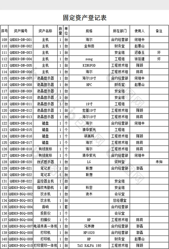 固定资产登记表excel模板