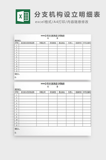 分支机构设立明细表excel模板图片