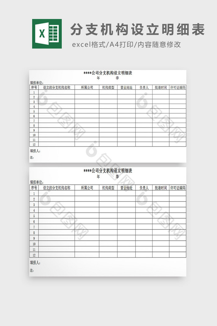 分支机构设立明细表excel模板