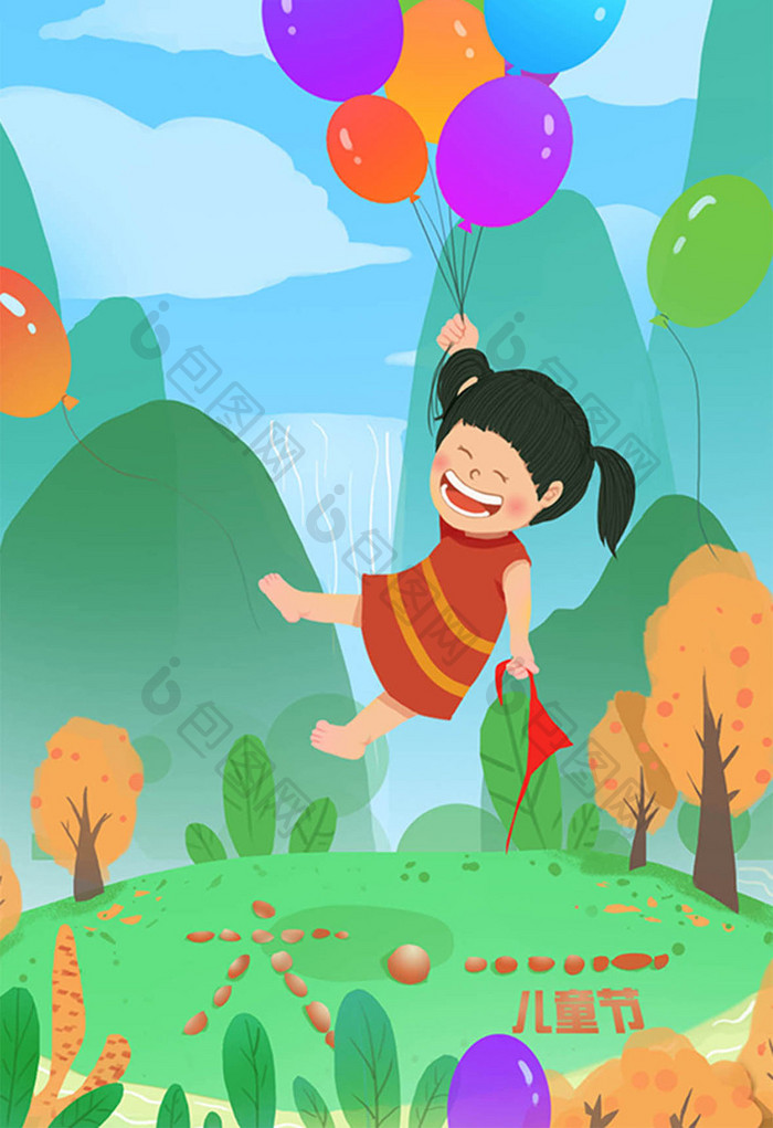 唯美绿色树林小山坡红领巾小女孩气球插画