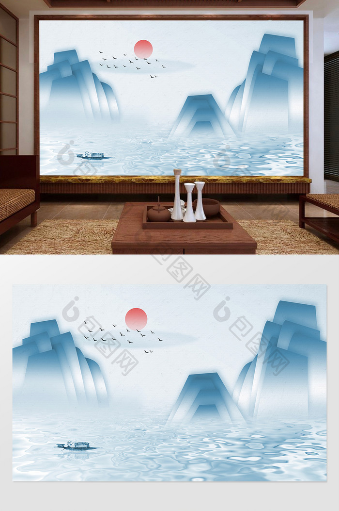 新中式蓝色素雅几何山水背景墙