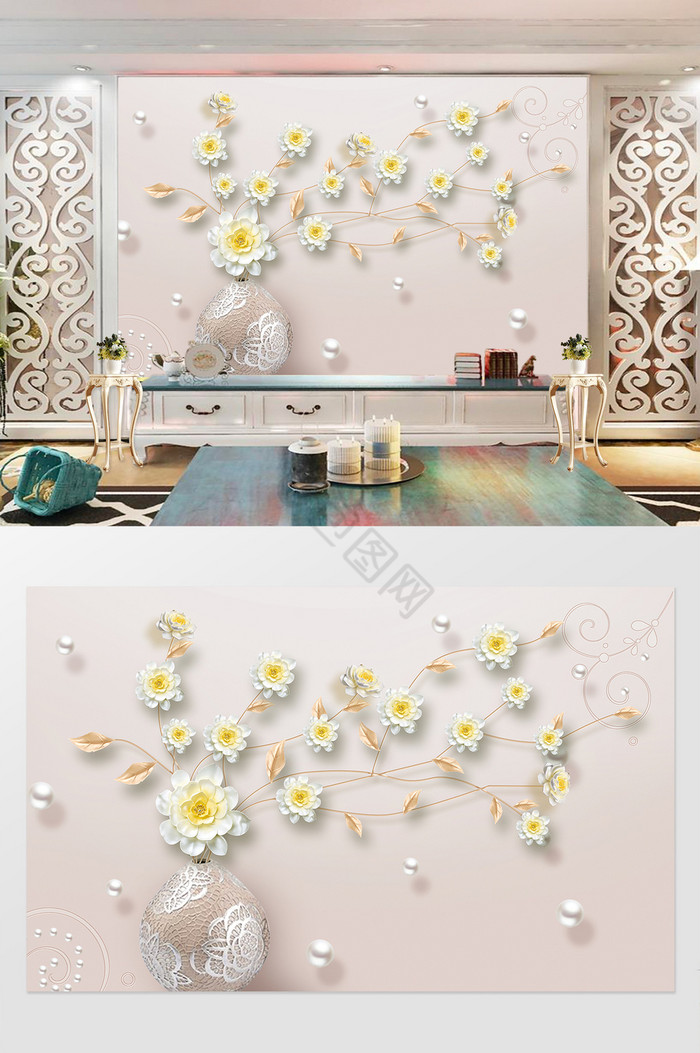3D立体珠宝花朵背景墙图片