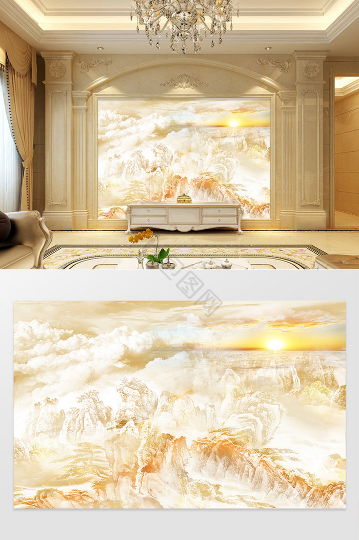 高清3D大理石纹山水花日出背景墙山海石天图片