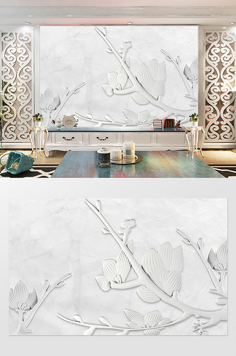 3D立体浮雕梅花电视沙发背景墙壁画图片