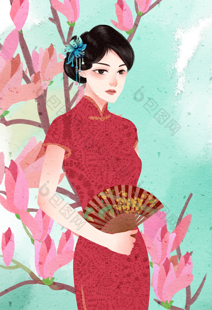 唯美中国风老上海旗袍少妇插画