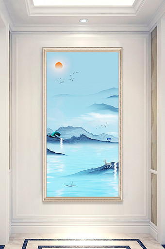新中式蓝天白云山水装饰玄关图片