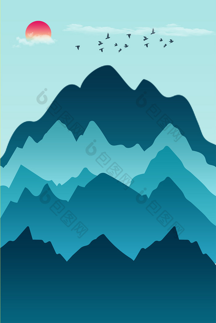 新中式群山飞鸟装饰画